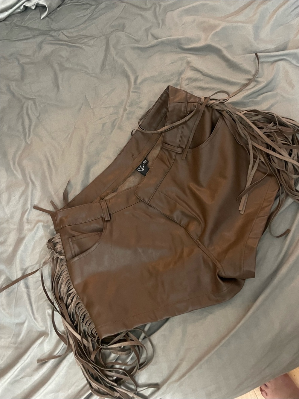Windsor Brown Faux Leather Shorts with Fringe Detail